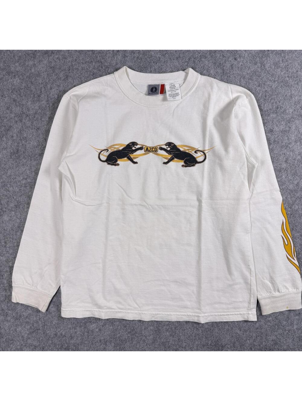 White Long Sleeve T-Shirt Black Panthers Flames Graphic Azco L(14/16)